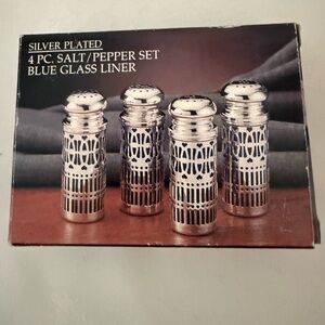 Silver Plated Salt and Pepper Shaker Set with Blue Glass Liner